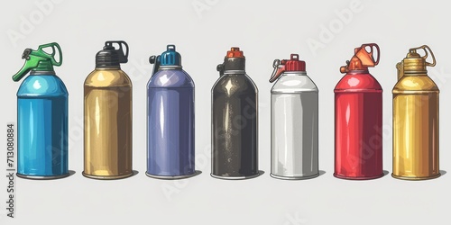 A row of different colored spray cans lined up next to each other. Ideal for graphic design projects or artistic concepts