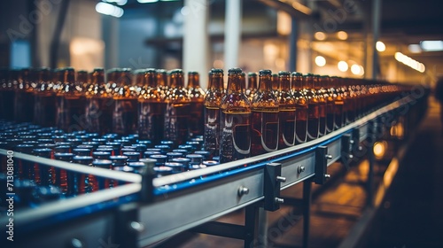 Beer bottles on conveyor in modern beverage factory, showcasing advanced production equipment.