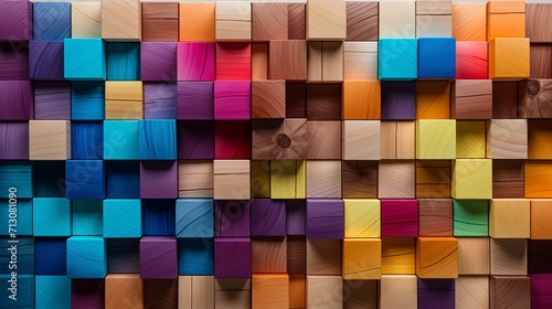 Colorful wooden blocks aligned on wide format background, creating playful and imaginative concept.
