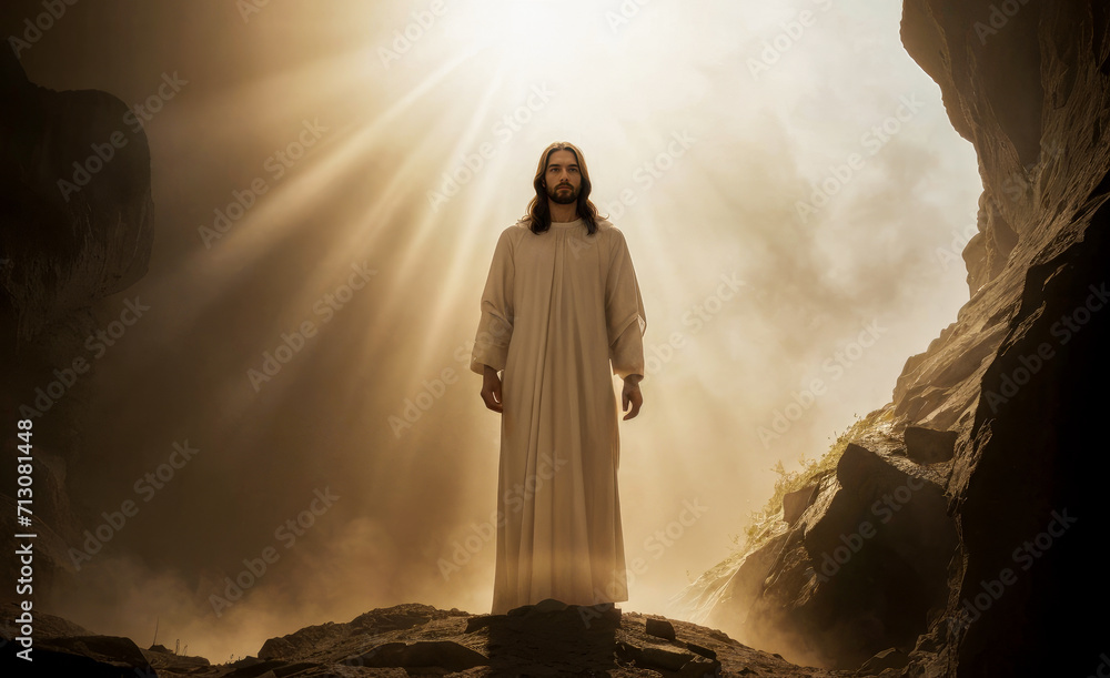 Jesus Christ standing at entrance to tomb. resurrection of Christ. light from heaven. Jesus is risen out of a dark stone cave into light. Easter