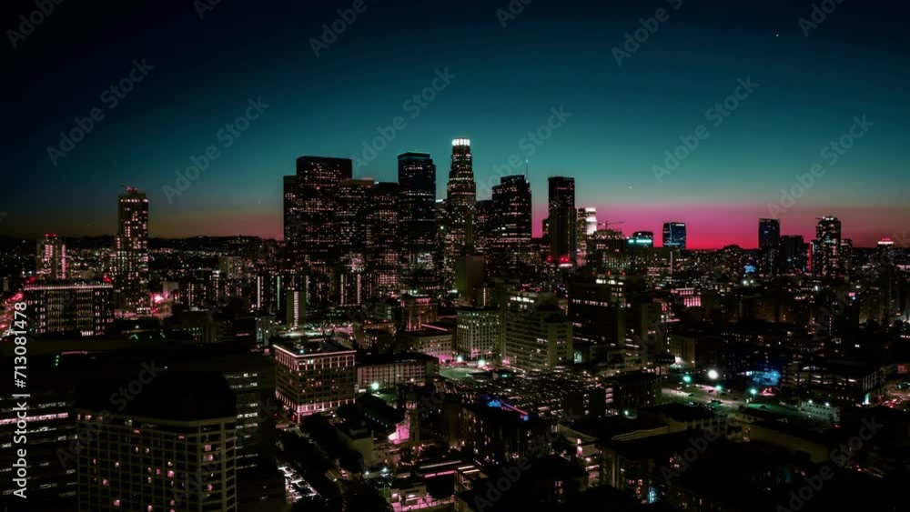 Cinematic urban aerial time lapse of downtown Los Angeles at night. Cinematic aerial time lapse view of skyscrapers of Downtown. Cinematic urban aerial time lapse of downtown Los Angeles at night. Cinematic aerial time lapse view of skyscrapers of Downtown.