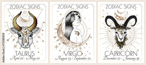 Vector illustration of zodiac signs card. Earth signs: Taurus, Virgo and Capricorn. Gold on a white background in engraving style	