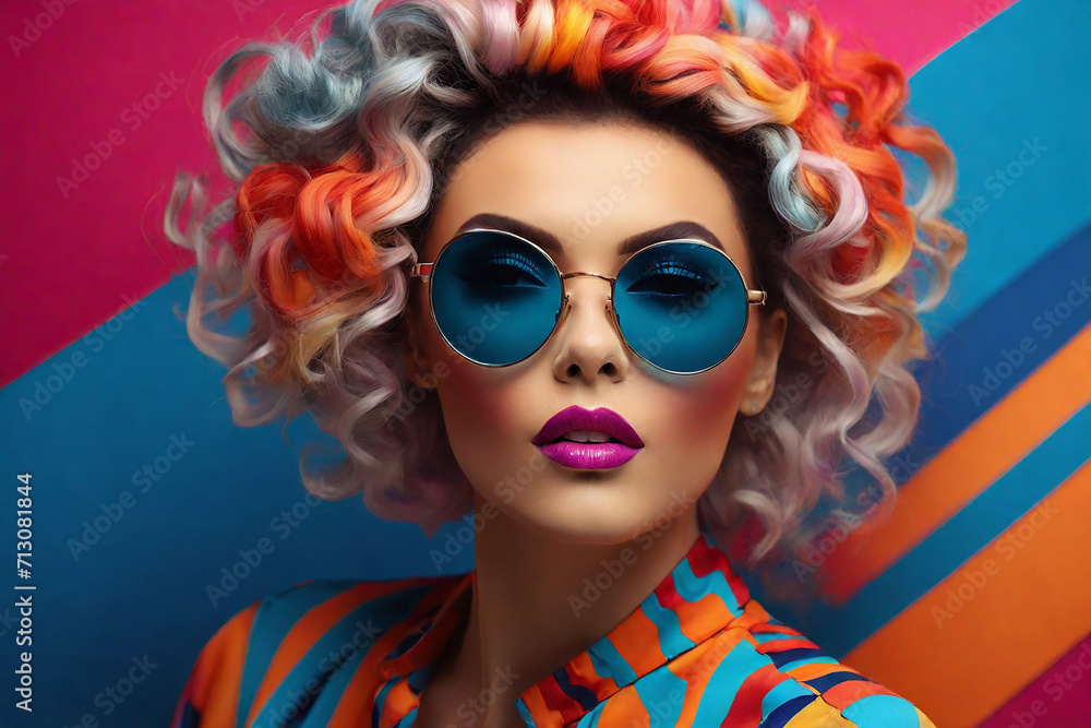 Fashion portrait of a beautiful young woman with bright colorful hair and sunglasses.