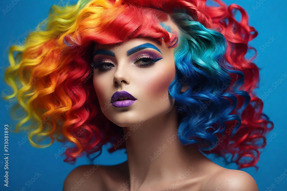 Portrait of beautiful young woman with a rainbow-colored hairstyle and bright makeup on a bright blue background.