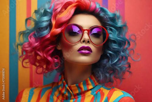 Glamorous portrait of a woman with a crazy multi-colored hairstyle  bright makeup and fashionable glasses on a bright colored background.