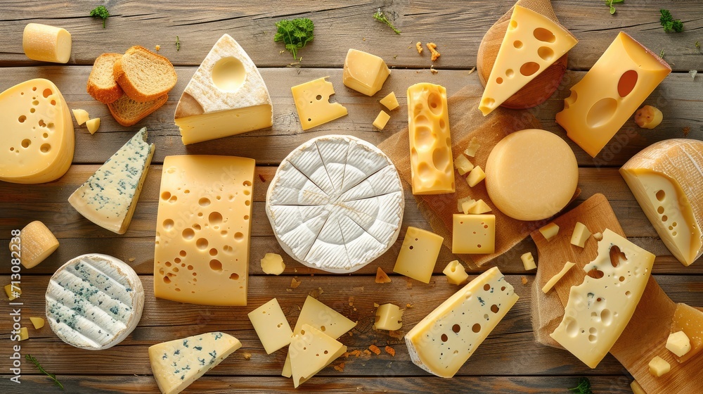 Set or assortment cheeses. Suluguni with spice, camembert, blue cheese, parmesan, maasdam, brie cheese with rosemary and pepper. Top view Set or assortment cheeses. Suluguni with spice, camembert, blue cheese, parmesan, maasdam, brie cheese with rosemary and pepper. Top view