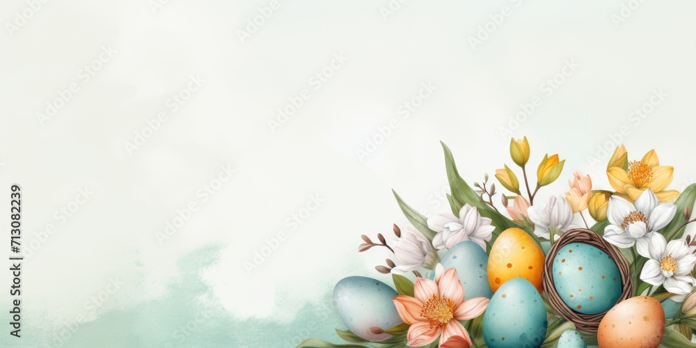Painted Eggs with Flowers Easter Banner with copy text space