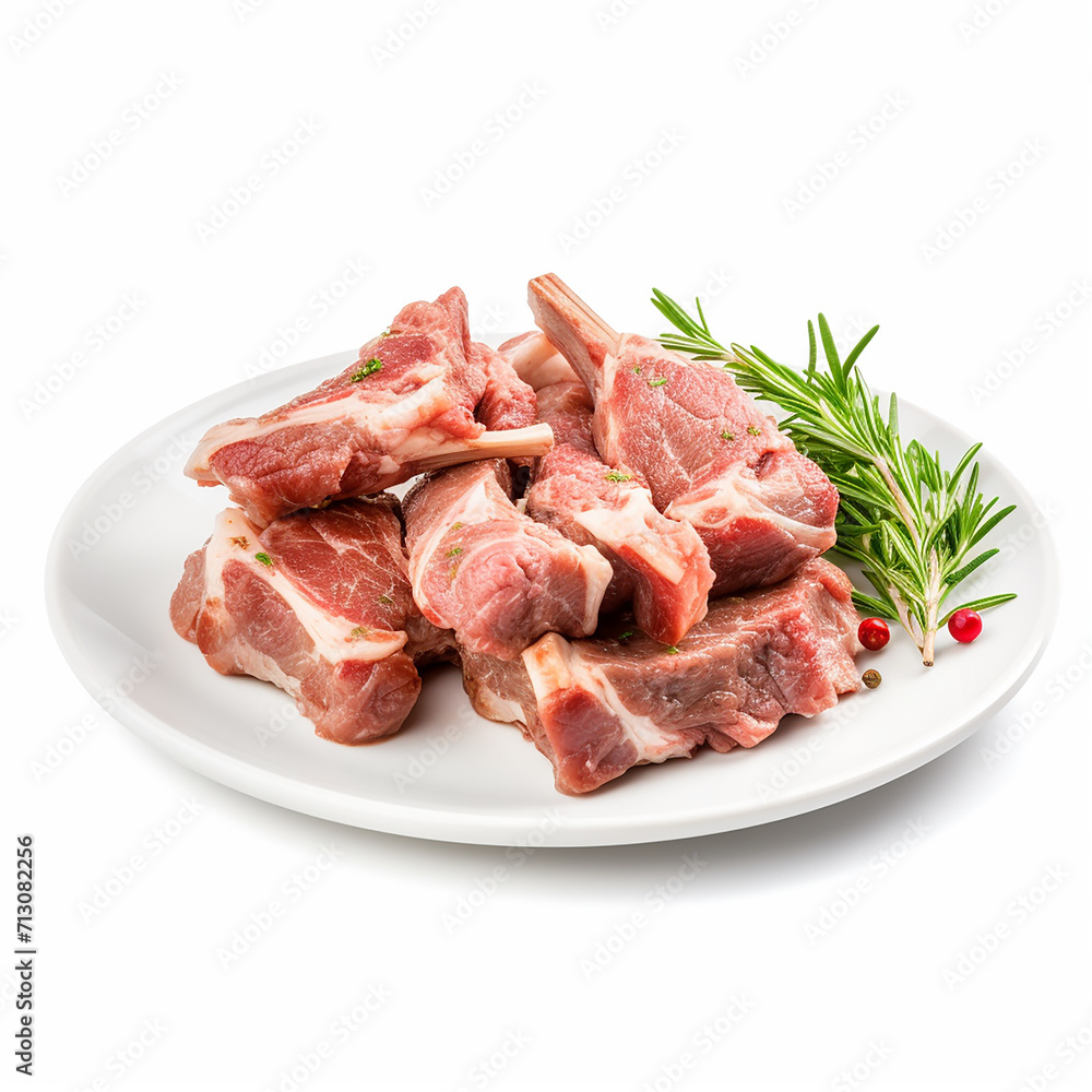 raw pork chops, raw meat on a plate, raw meat on a white plate, fresh mutton in meat in white plate side view white, Fresh uncooked chopped pork for stew. Isolated over white background, generative ai