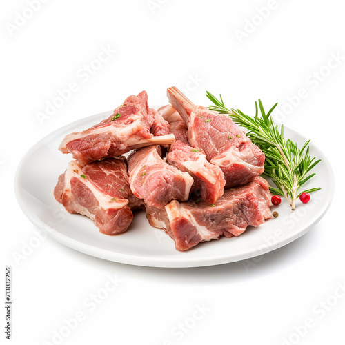 raw pork chops, raw meat on a plate, raw meat on a white plate, fresh mutton in meat in white plate side view white, Fresh uncooked chopped pork for stew. Isolated over white background, generative ai
