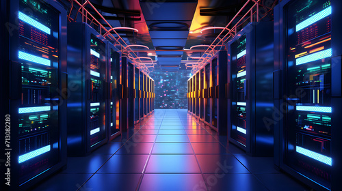 Server data center racks in server room 3D