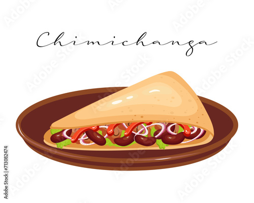 Flatbread with meat, chili and beans, Chimichanga, Latin American cuisine. National cuisine of Mexico. Food illustration, vector