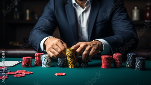 Pile of casino chips and deck of playing cards on green casino table background photo