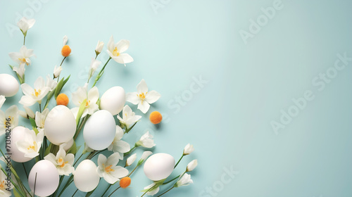 Flat lay of easter eggs in pastel colors with beautiful spring flowers