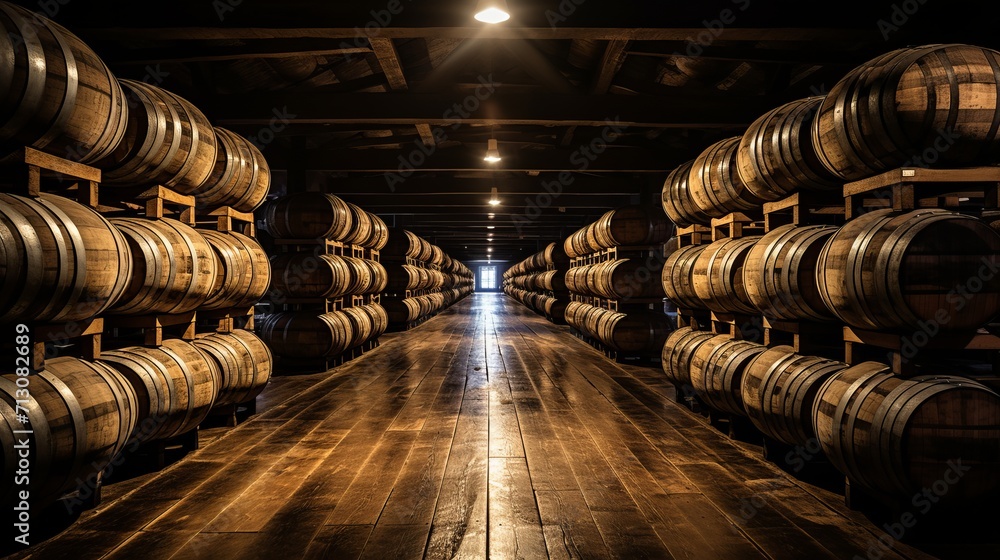 Old fashioned wooden barrels of whiskey, bourbon, and scotch aging gracefully in a rustic facility