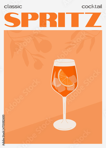 Aperol Spritz Cocktail in glass with ice and slice of orange. Summer Italian aperitif retro poster. Wall art with alcoholic beverage decorated with orange wedges and citrus tree on background. Vector.