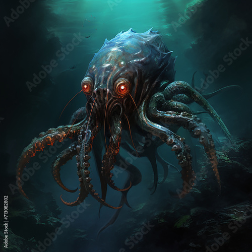 octopus in the aquarium, octopus in the water, 3D render. A futuristic biomechanical octopus, Cyberpunk Creature, An ancient sea octopus monster, with many tentacles on its snout, generative ai