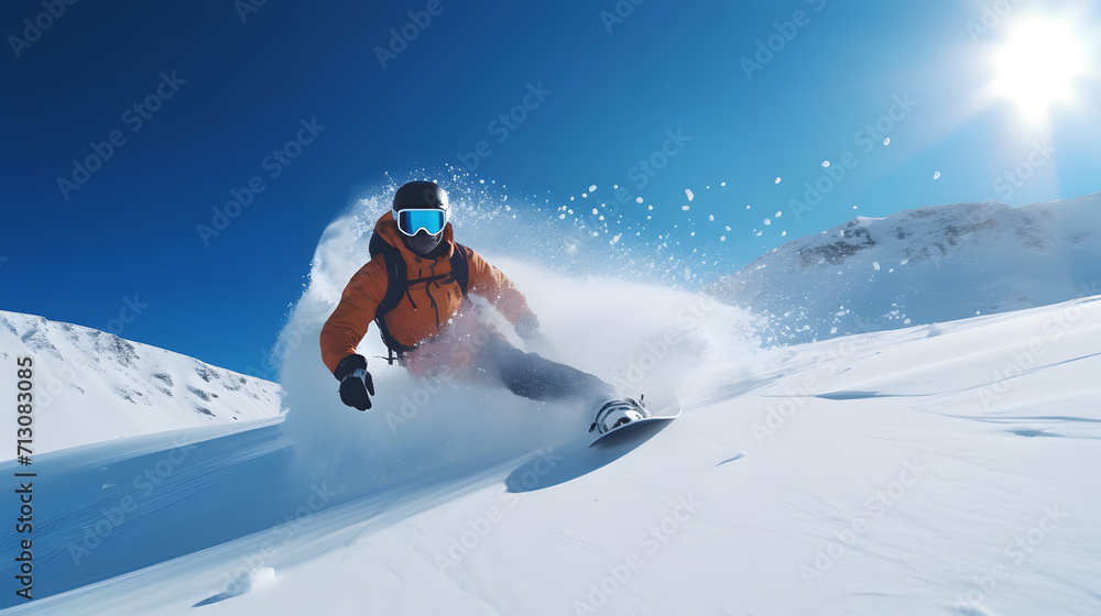 Slow motion of paste snowboarder running down hill.