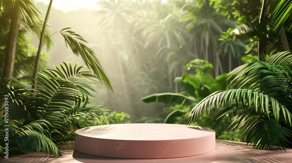 A modern podium for product design against the backdrop of a tropical forest A modern podium for product design against the backdrop of a tropical forest