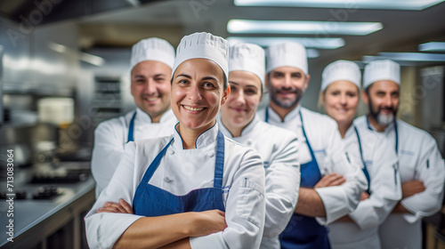 close-up Female chef accompanied by her kitchen team, posing coquettishly in the centre of her kitchen. image artificial intelligence photo