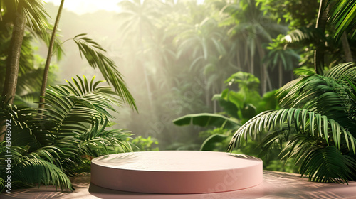 A modern podium for product design against the backdrop of a tropical forest