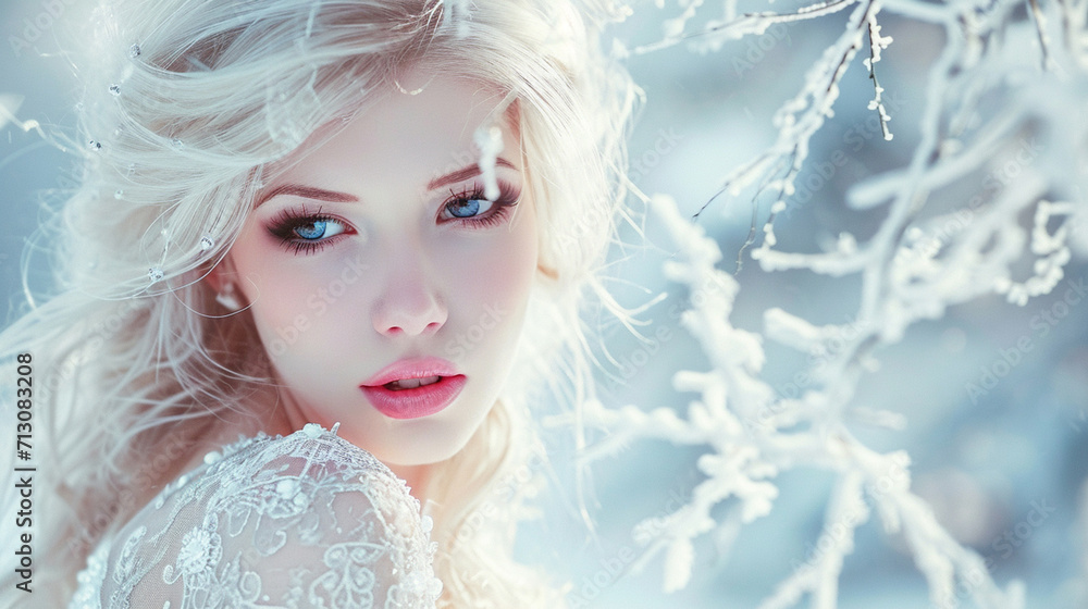 A beautiful girl with blond hair in a white dress in winter on the snow