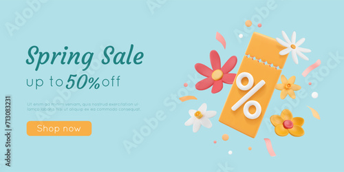 Spring sale banner with 3D plasticine flowers and voucher with percent sign, confetti, tinsel. Discount coupon, marketing label, yellow lucky tear-off clay ticket. Vector illustration of offer