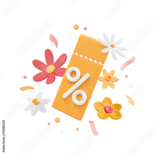 Spring sale voucher with percent sign and 3D plasticine flowers, confetti, tinsel. Discount coupon, clay narcissus and chamomile, isolated yellow lucky tear-off ticket. Vector promo illustration