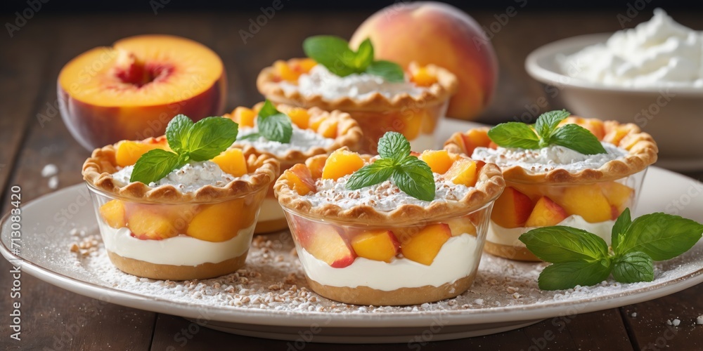 Obraz premium Delicious peach tart with whipped cream on wooden table, closeup