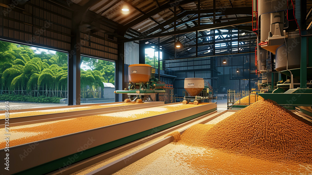 An immersive scene of a modern rice mill in operation, with machinery processing harvested rice grains, showcasing the integration of technology in the production phase of rice cul An immersive scene of a modern rice mill in operation, with machinery processing harvested rice grains, showcasing the integration of technology in the production phase of rice cul