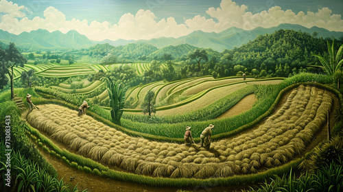 An artistic representation of the different stages of rice cultivation, from planting to harvesting, showcasing the dynamic and labor-intensive processes involved in bringing rice