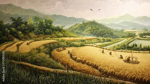 An artistic representation of the different stages of rice cultivation  from planting to harvesting  showcasing the dynamic and labor-intensive processes involved in bringing rice