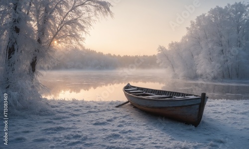 Foggy winter landscape with a wooden boat on a frozen lake