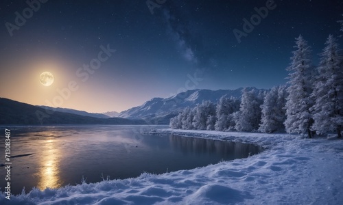 night landscape with lake and mountains in the moonlight. panorama © Влад Дубовик