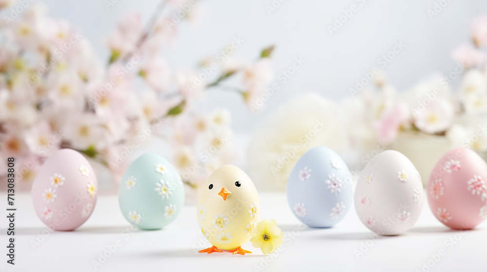 Easter eggs and spring flowers in pastel colors