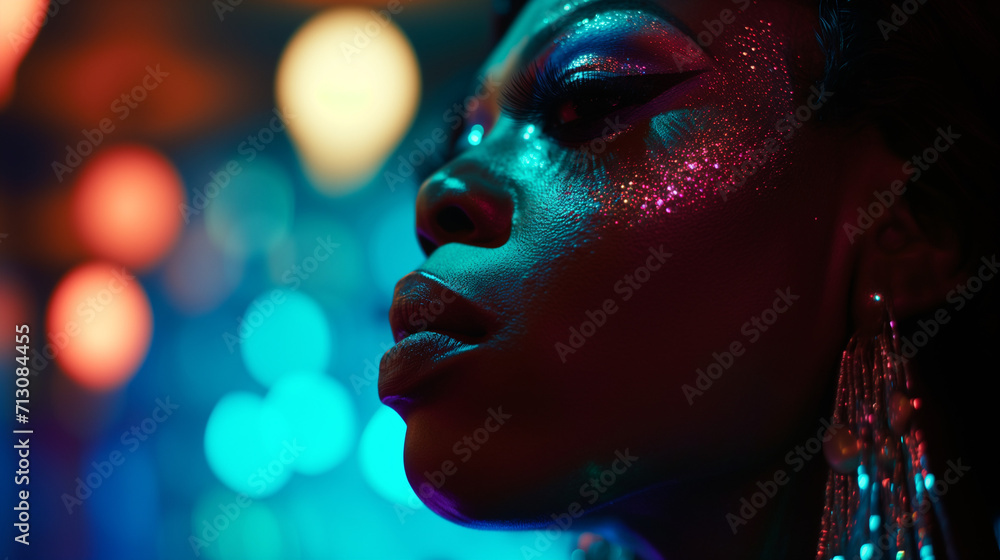 Closeup of a beautiful black african american queer drag queen wearing expressive pride glitter makeup face paint