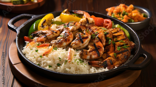 Grilled chicken and seafood with rice