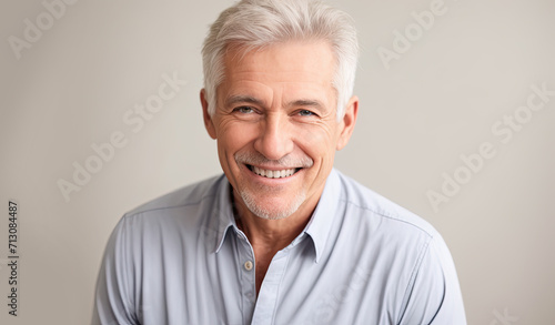 Beautiful gorgeous 60s age beautiful elderly senior model man with grey hair smiling. Mature old man close up portrait on white. happy healthy active old age. dating service for elderly. Generative AI