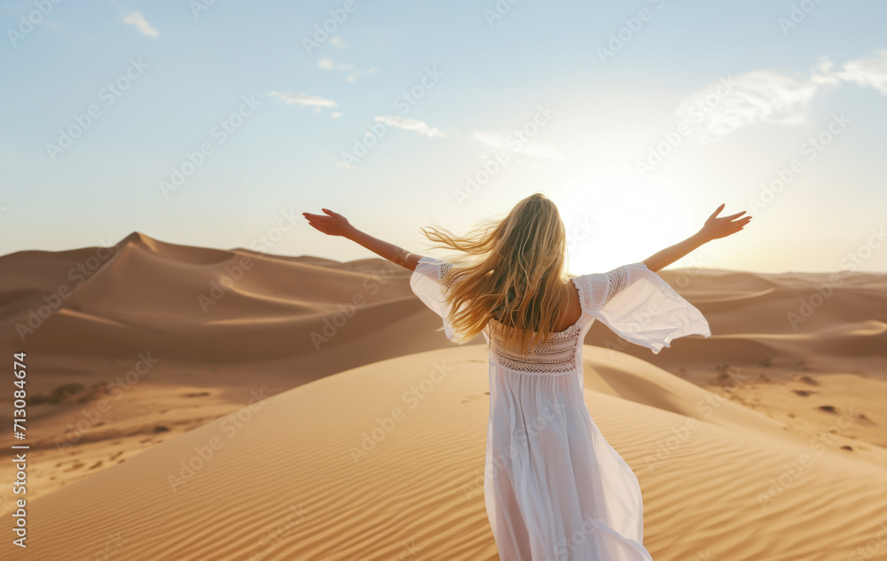 AI Generated Image. Back view on the carefree blond woman in a white dress enjoying desert sand dunes AI Generated Image. Back view on the carefree blond woman in a white dress enjoying desert sand dunes