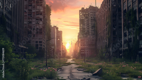 Sunrise Over Abandoned Urban Landscape with Nature Reclaiming the City
