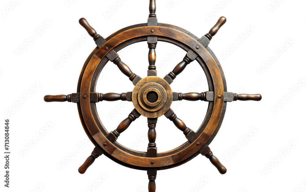 Wooden Ship's Wheel with Brass Fittings on White or PNG Transparent Background.