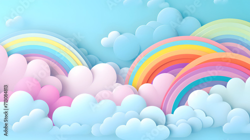 Stylized paper cutout rainbow and clouds background