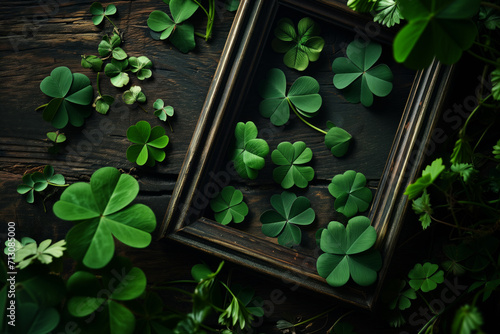 AI Generated Image. Empty photo frame surrounded by lucky shamrocks on a dark green table. St. Patrick’s Day concept