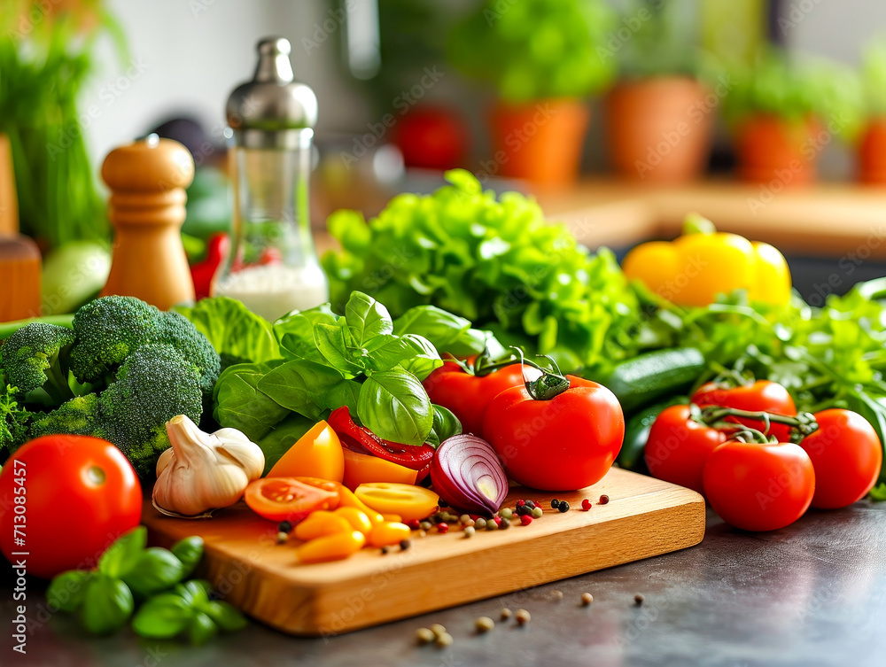 Colorful array of fresh vegetables on a cutting board, with tomatoes, broccoli, and herbs, ideal for nutritious meal preparation. Colorful array of fresh vegetables on a cutting board, with tomatoes, broccoli, and herbs, ideal for nutritious meal preparation.