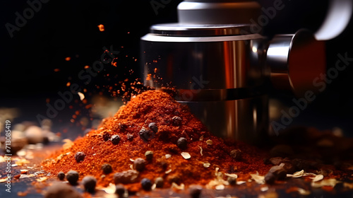 Super slow motion of crushing spice mix in grinder