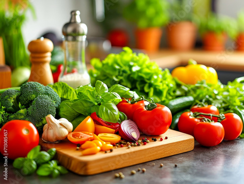 Colorful array of fresh vegetables on a cutting board  with tomatoes  broccoli  and herbs  ideal for nutritious meal preparation.