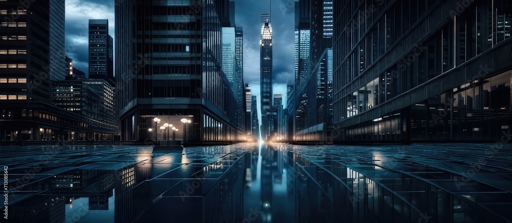 Fototapeta premium Night Scene of Modern City with Skyscrapers and Reflection in Water - Urban Elegance