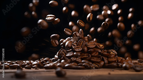Super slow motion of falling coffee beans on wooden