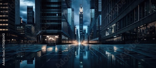 Night Scene of Modern City with Skyscrapers and Reflection in Water - Urban Elegance