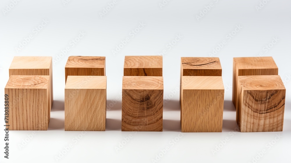 Small wooden blocks in row on white background for text placement and copy space. Small wooden blocks in row on white background for text placement and copy space.