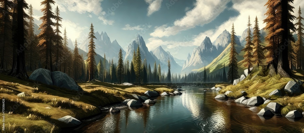 Mountain Landscape with Lake and Forest - Panoramic Serenity